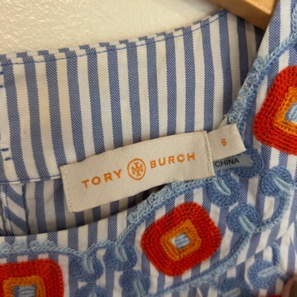 Tory Burch Blue Orange Embroidered Meg Stripped Sleeveless Blouse- Size 6 - Picture 4 of 7